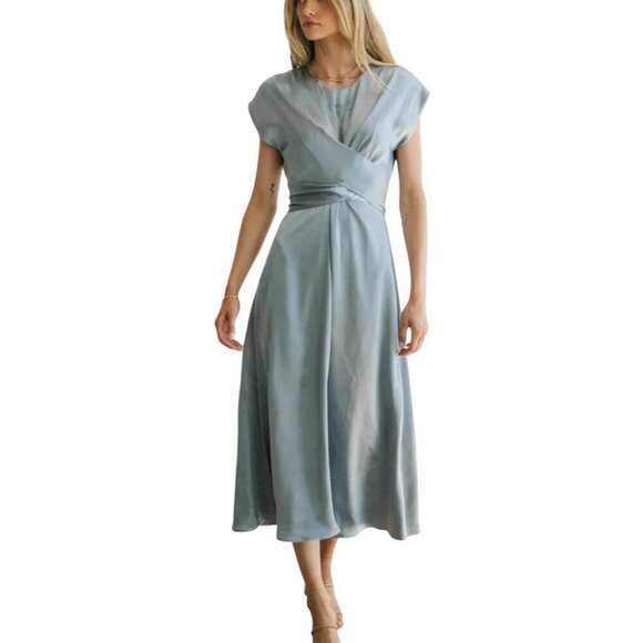 Bohme Rosalind Midi Dress Blue Satin XL Cap Sleeve Front Tie Round Neck